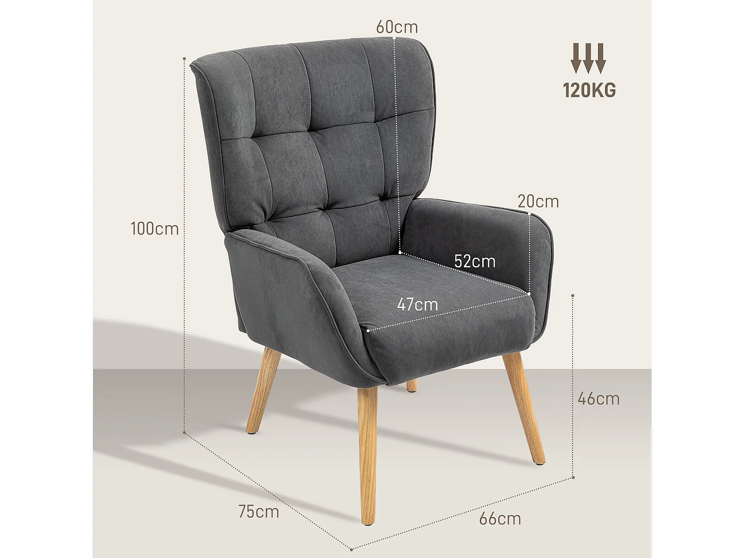 Fauteuil Lounge, Relax, tissu velours, pieds en bois, gris (66x75x100 cm)