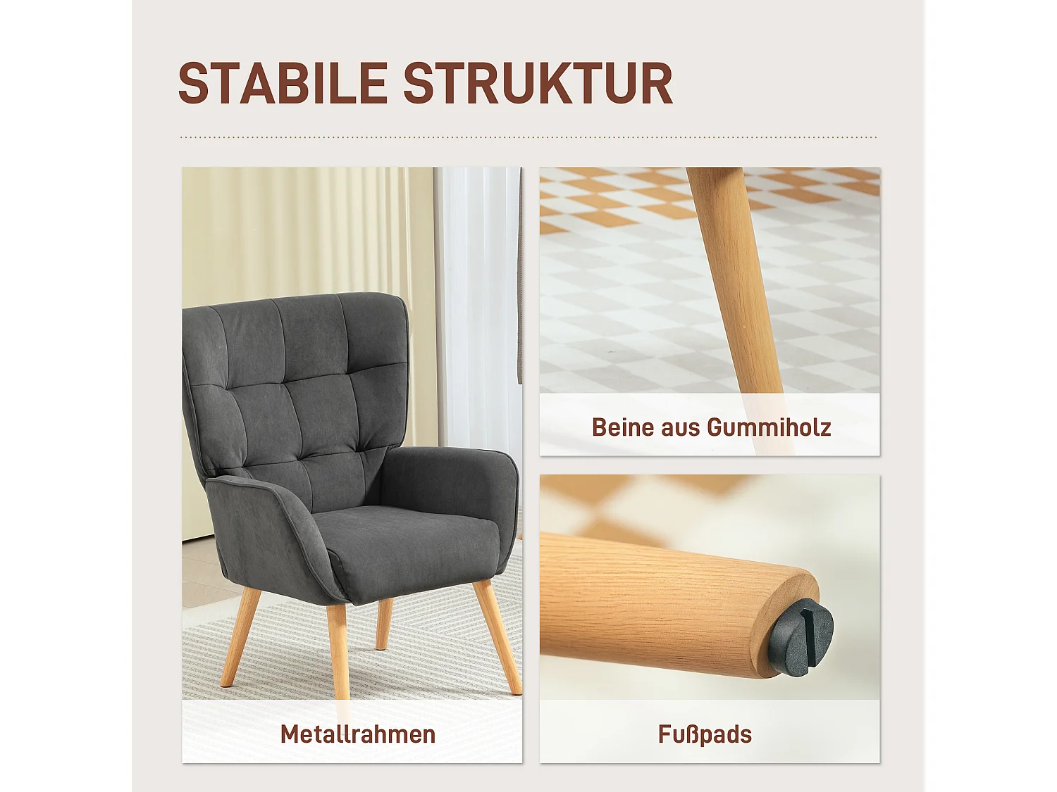 Fauteuil Lounge, Relax, tissu velours, pieds en bois, gris (66x75x100 cm)