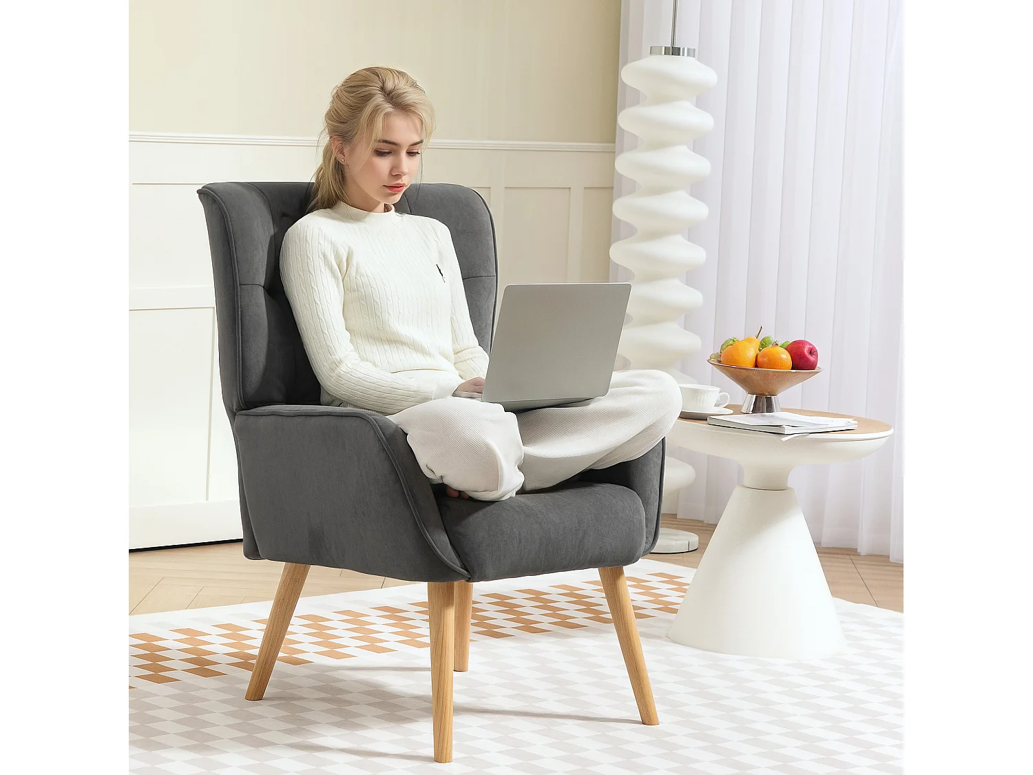 Fauteuil Lounge, Relax, tissu velours, pieds en bois, gris (66x75x100 cm)