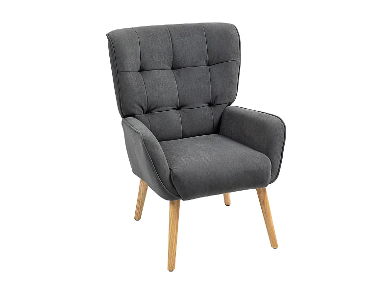 Fauteuil Lounge, Relax, tissu velours, pieds en bois, gris (66x75x100 cm)