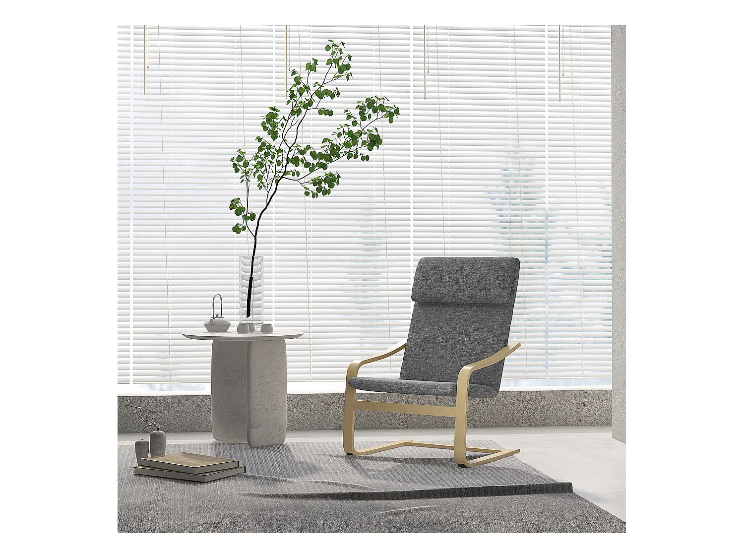 Relaxfauteuil met hoofdsteun, berkenhouten frame, donkergrijze linnen bekleding, comfortabel en stabiel (66,5x80x99cm)