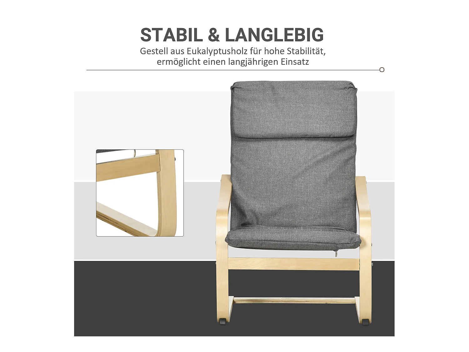 Relaxfauteuil met hoofdsteun, berkenhouten frame, donkergrijze linnen bekleding, comfortabel en stabiel (66,5x80x99cm)