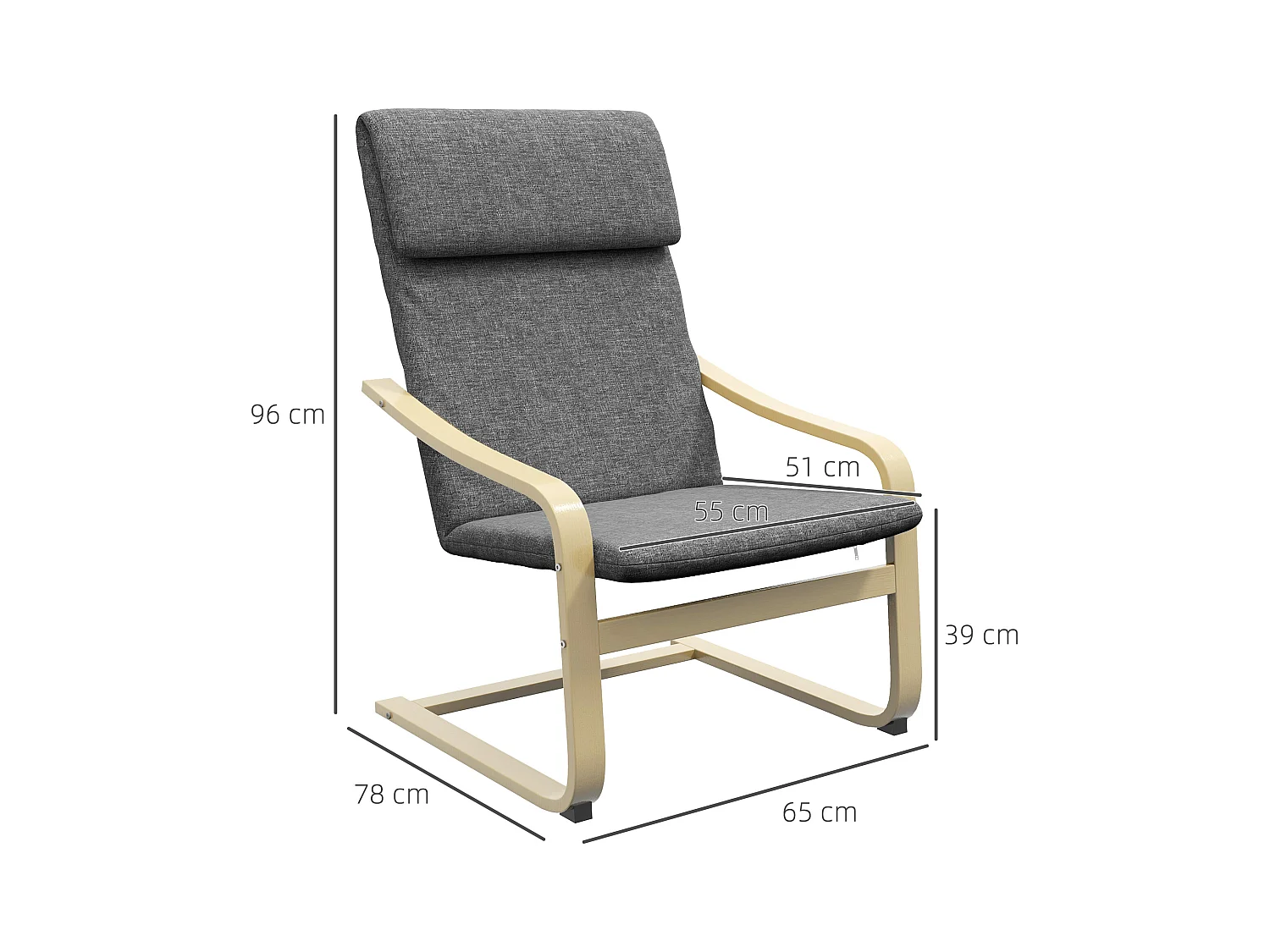 Fauteuil relax avec appuie-tête, structure bois de bouleau, revêtement lin gris foncé, confortable et stable (66.5x80x99cm)