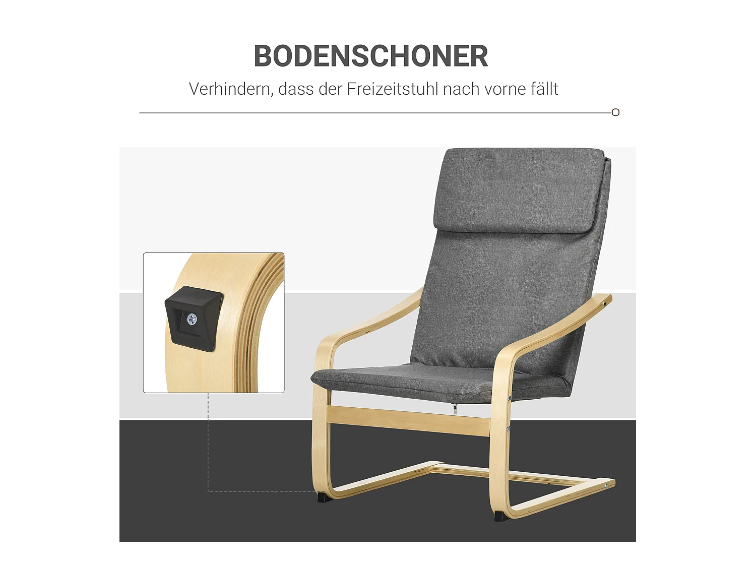 Fauteuil relax avec appuie-tête, structure bois de bouleau, revêtement lin gris foncé, confortable et stable (66.5x80x99cm)