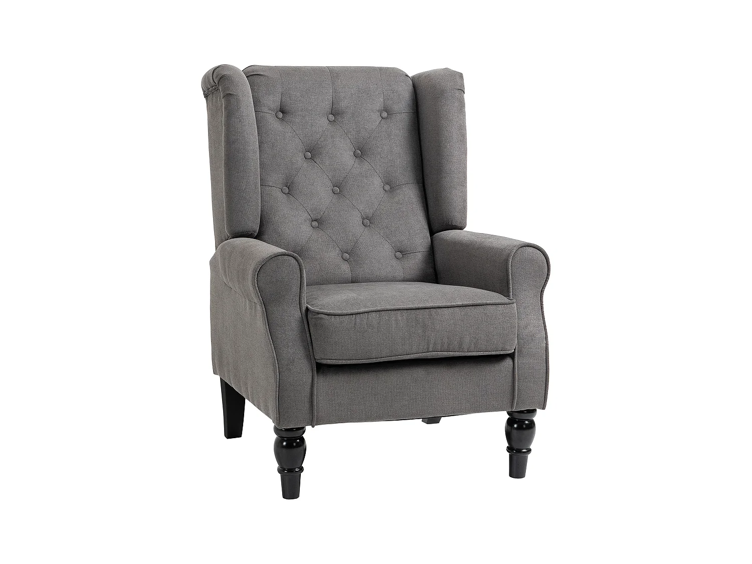 Relaxfauteuil met vleugels, gestoffeerde rugleuning, houten poten, donkergrijs polyester (74x86x102cm)