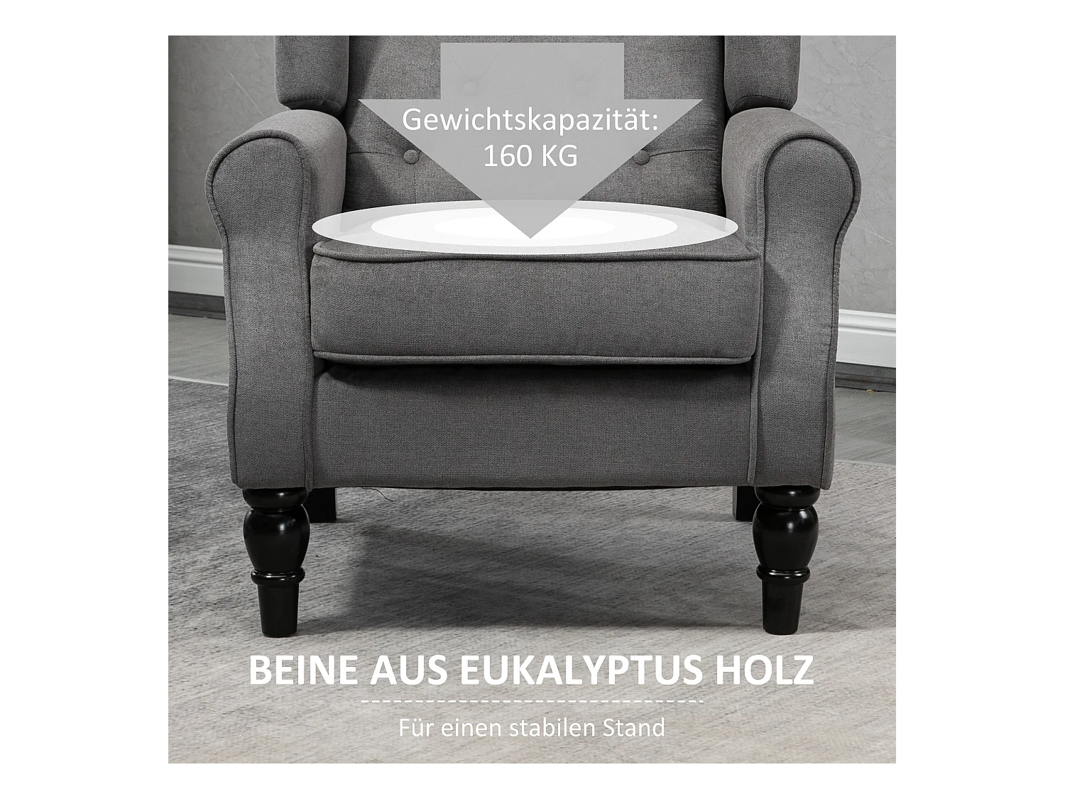 Relaxfauteuil met vleugels, gestoffeerde rugleuning, houten poten, donkergrijs polyester (74x86x102cm)