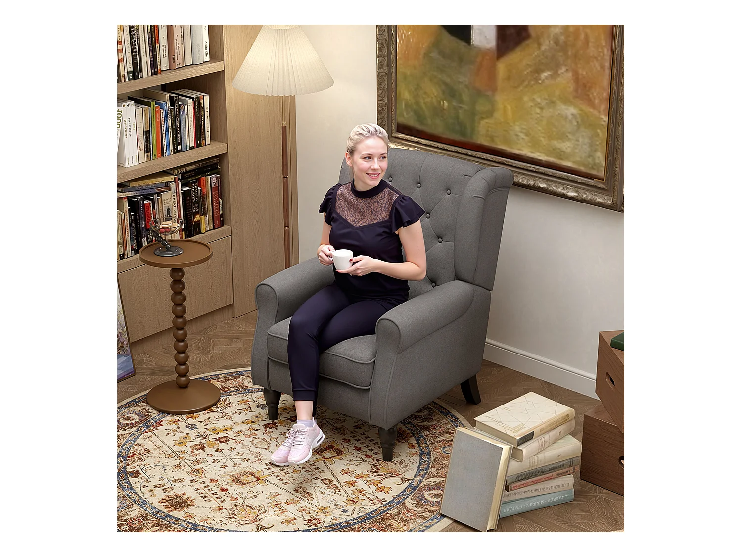 Relaxfauteuil met vleugels, gestoffeerde rugleuning, houten poten, donkergrijs polyester (74x86x102cm)