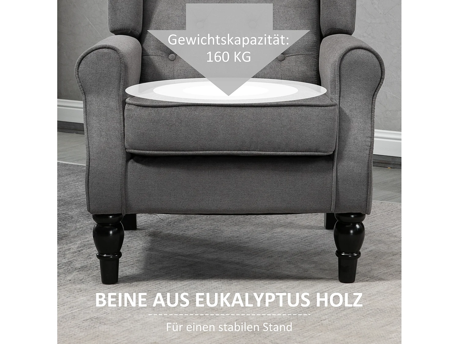Fauteuil relax avec oreilles, dossier capitonné, pieds bois, polyester gris foncé (74x86x102cm)