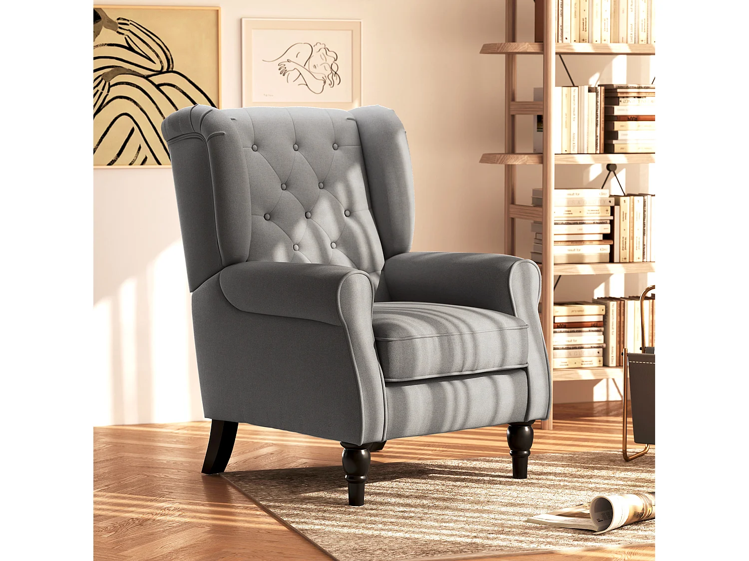 Poltrona relax con ali, schienale imbottito, gambe in legno, poliestere grigio scuro (74x86x102cm)