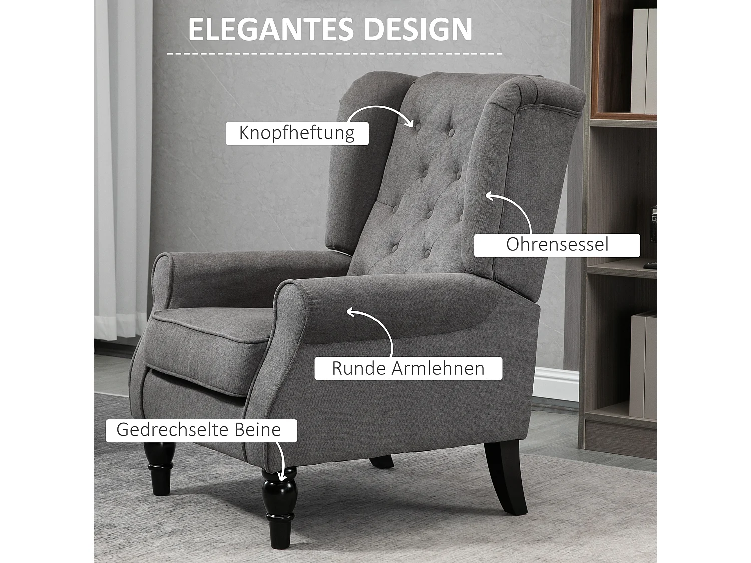Poltrona relax con ali, schienale imbottito, gambe in legno, poliestere grigio scuro (74x86x102cm)