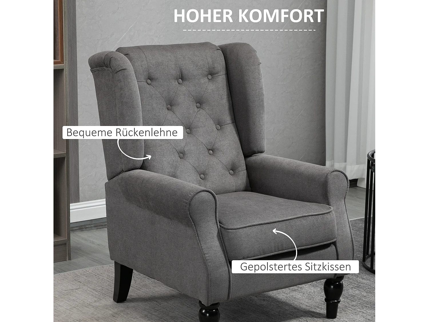 Poltrona relax con ali, schienale imbottito, gambe in legno, poliestere grigio scuro (74x86x102cm)