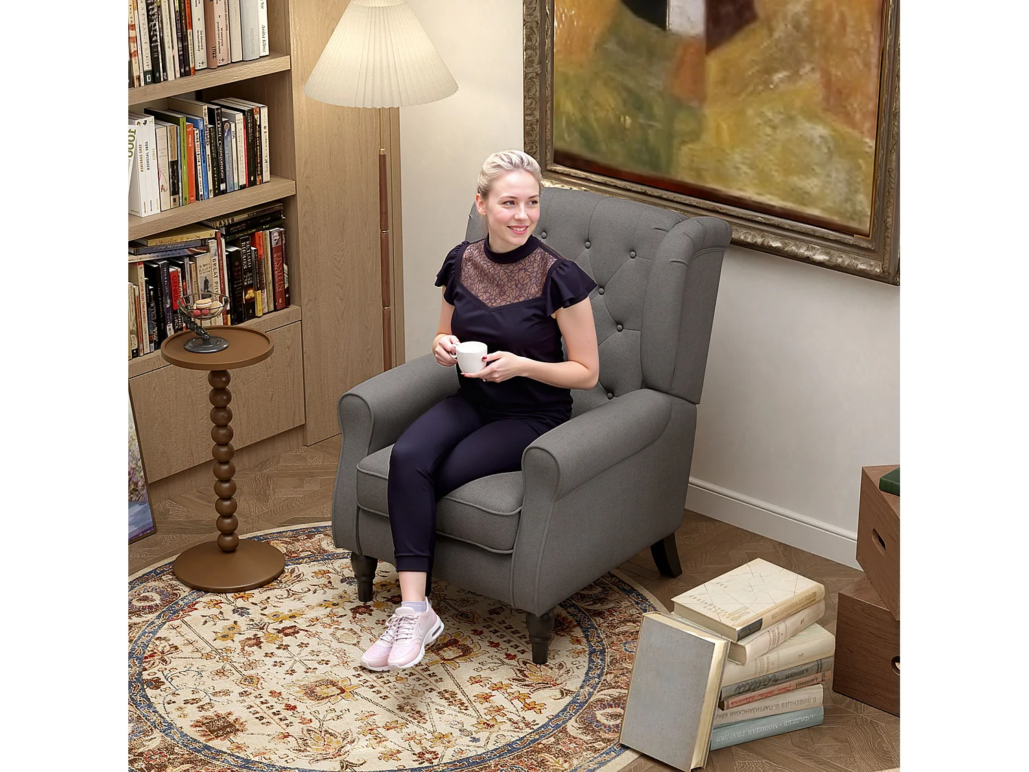 Poltrona relax con ali, schienale imbottito, gambe in legno, poliestere grigio scuro (74x86x102cm)