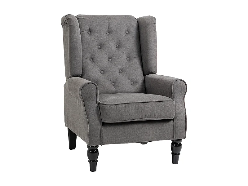 Poltrona relax con ali, schienale imbottito, gambe in legno, poliestere grigio scuro (74x86x102cm)