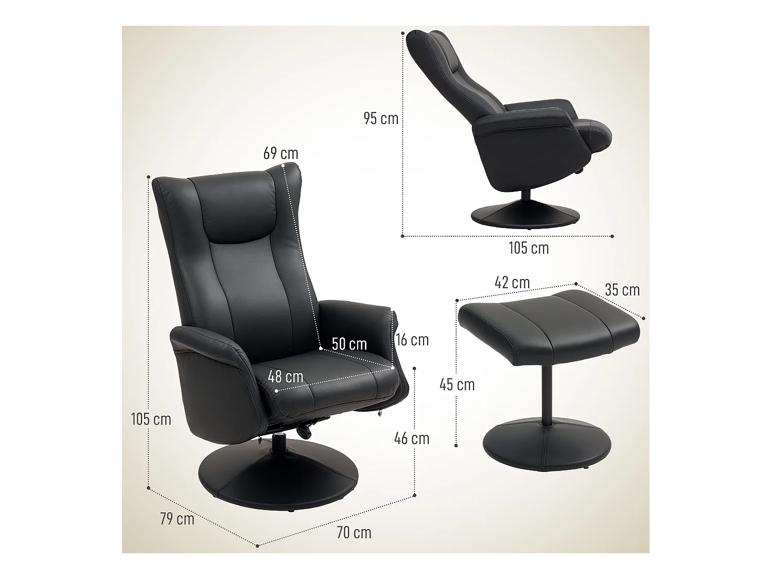 Relaxfauteuil met voetenbankje, 360° draaibaar, relaxfunctie, zwart kunstleer (79x70x105 cm)