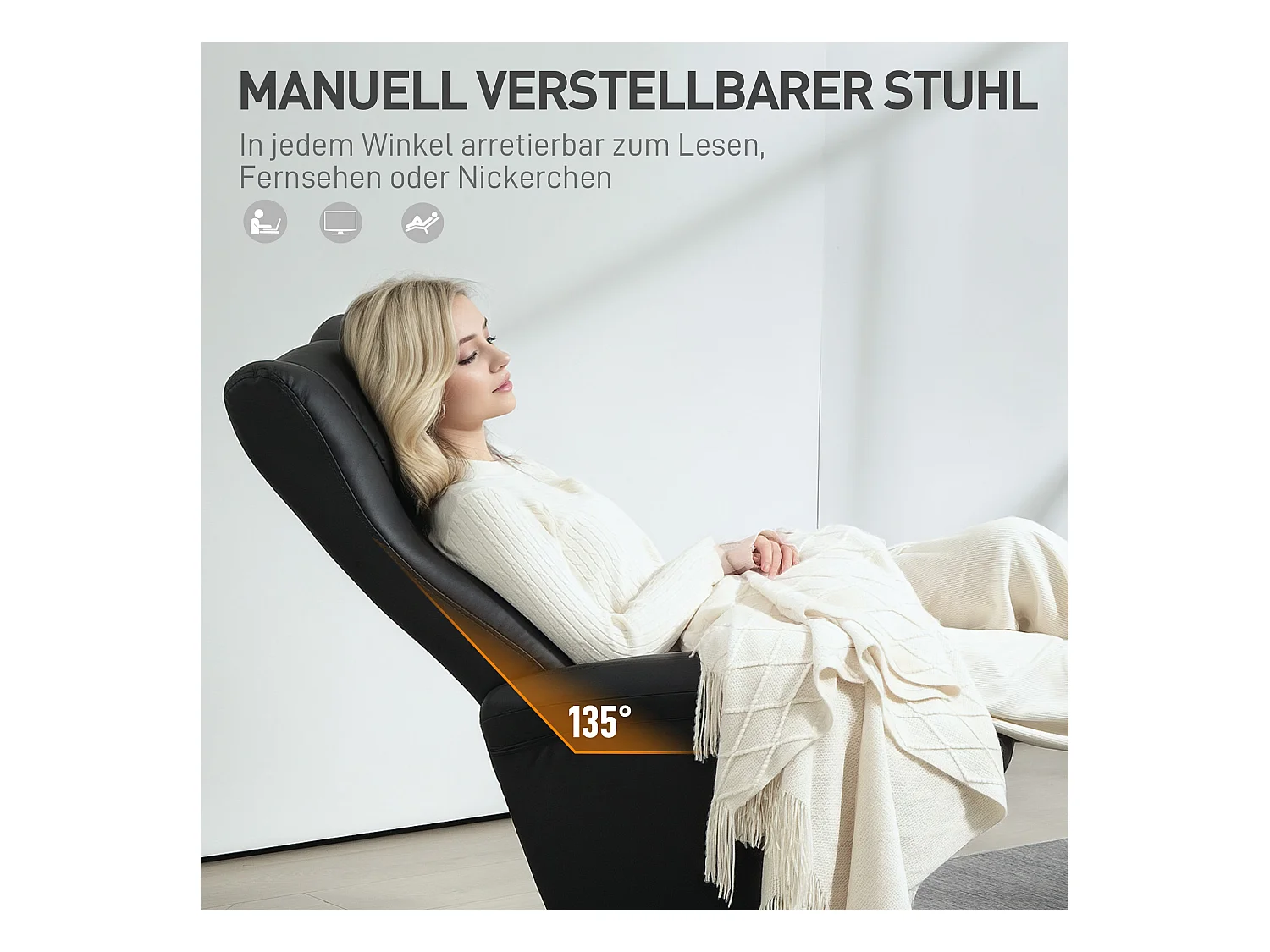 Relaxfauteuil met voetenbankje, 360° draaibaar, relaxfunctie, zwart kunstleer (79x70x105 cm)