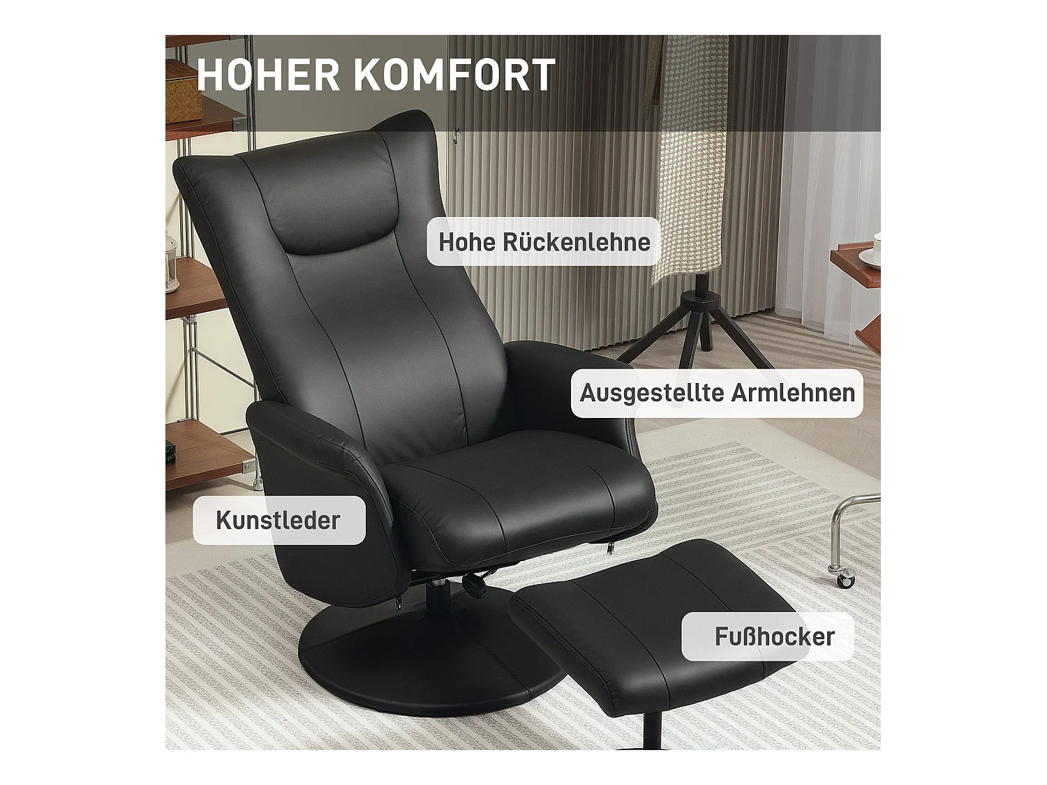 Relaxfauteuil met voetenbankje, 360° draaibaar, relaxfunctie, zwart kunstleer (79x70x105 cm)