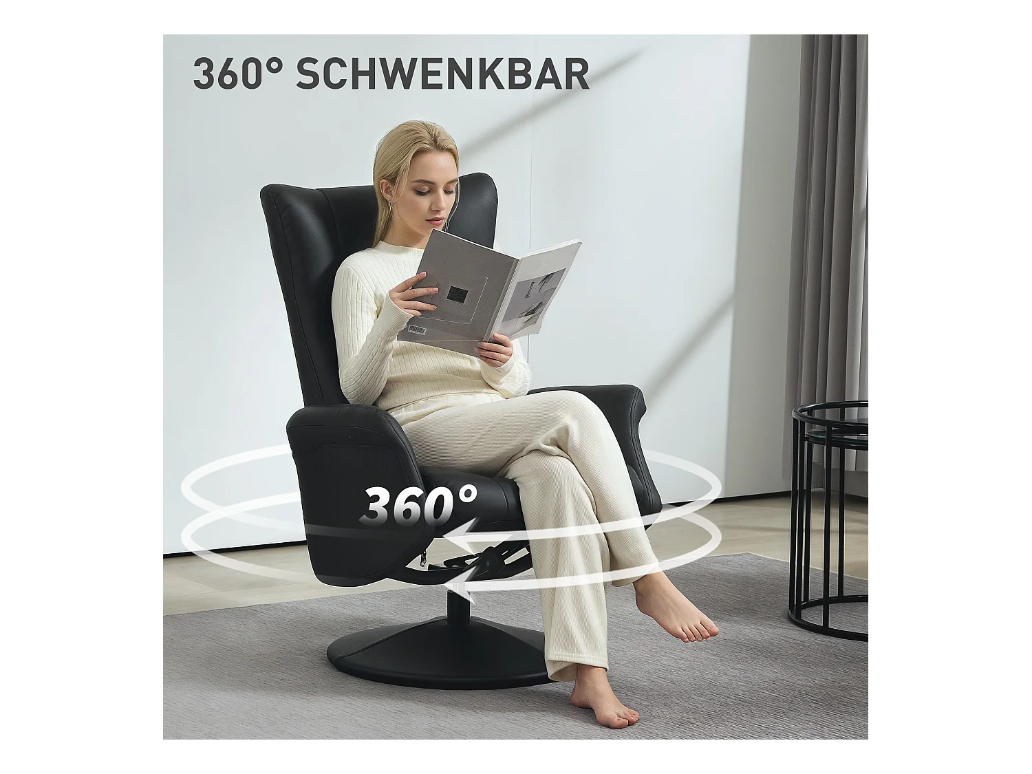 Relaxfauteuil met voetenbankje, 360° draaibaar, relaxfunctie, zwart kunstleer (79x70x105 cm)