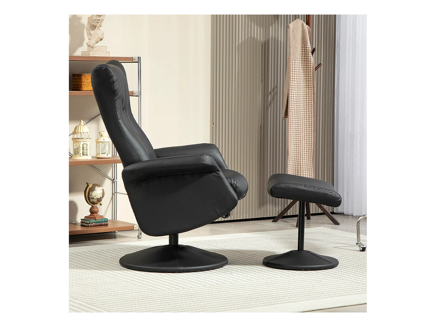 Relaxfauteuil met voetenbankje, 360° draaibaar, relaxfunctie, zwart kunstleer (79x70x105 cm)