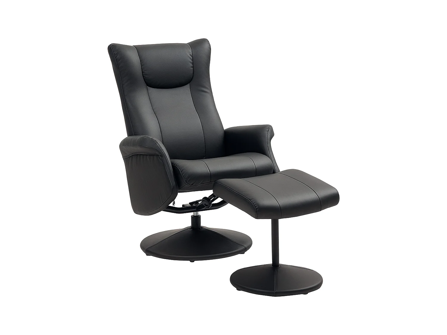 Poltrona relax con poggiapiedi, girevole a 360°, funzione reclinabile, in similpelle nera (79x70x105 cm)