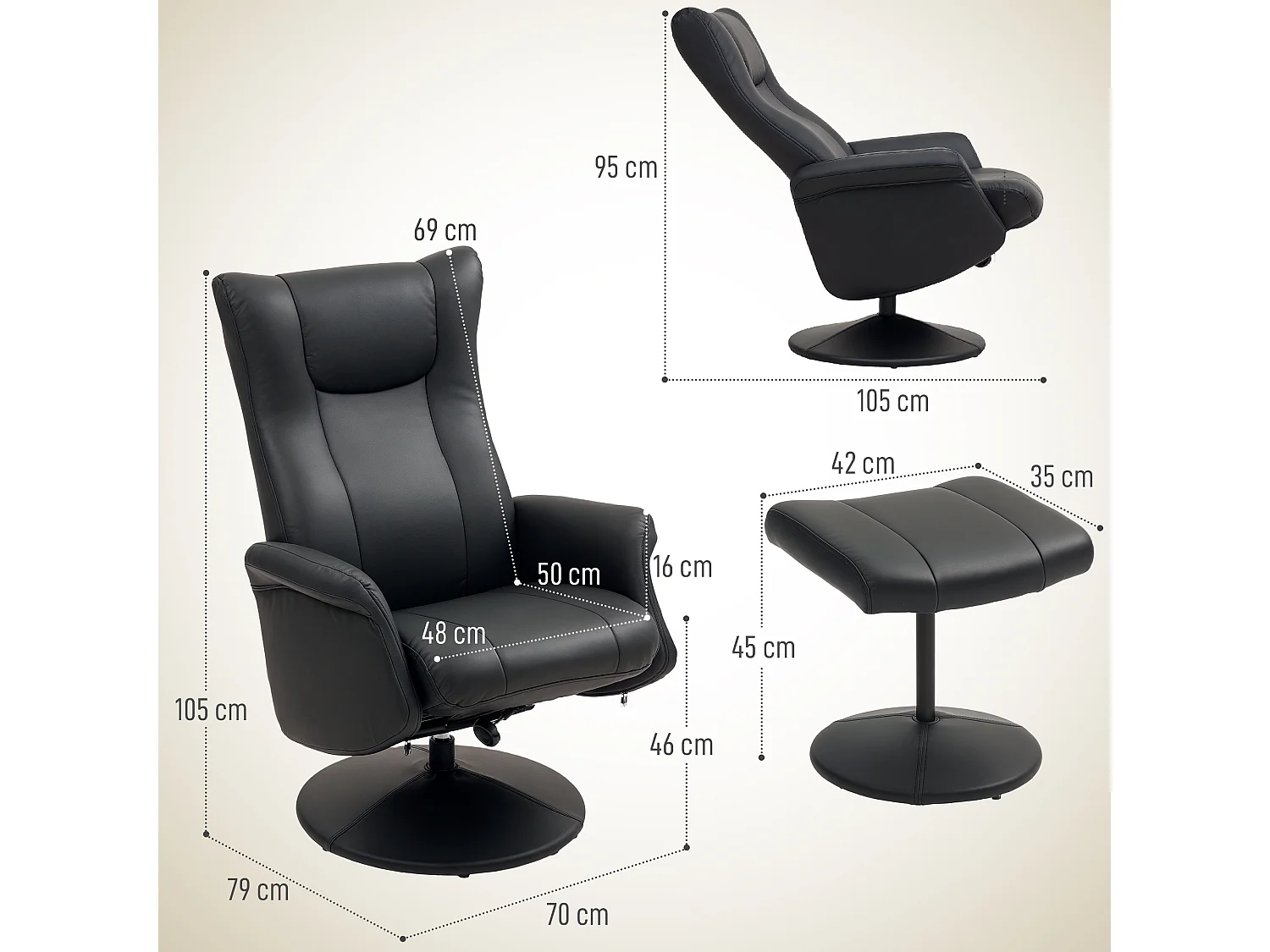 Fauteuil relax avec repose-pieds, 360° pivotant, fonction inclinable, cuir artificiel noir (79x70x105 cm)