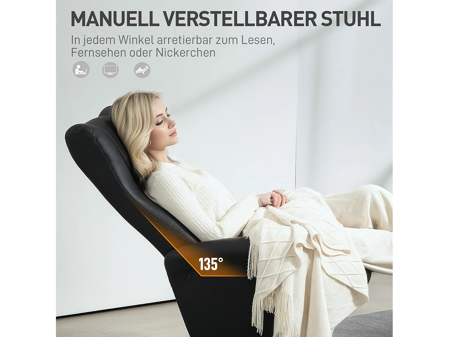 Fauteuil relax avec repose-pieds, 360° pivotant, fonction inclinable, cuir artificiel noir (79x70x105 cm)