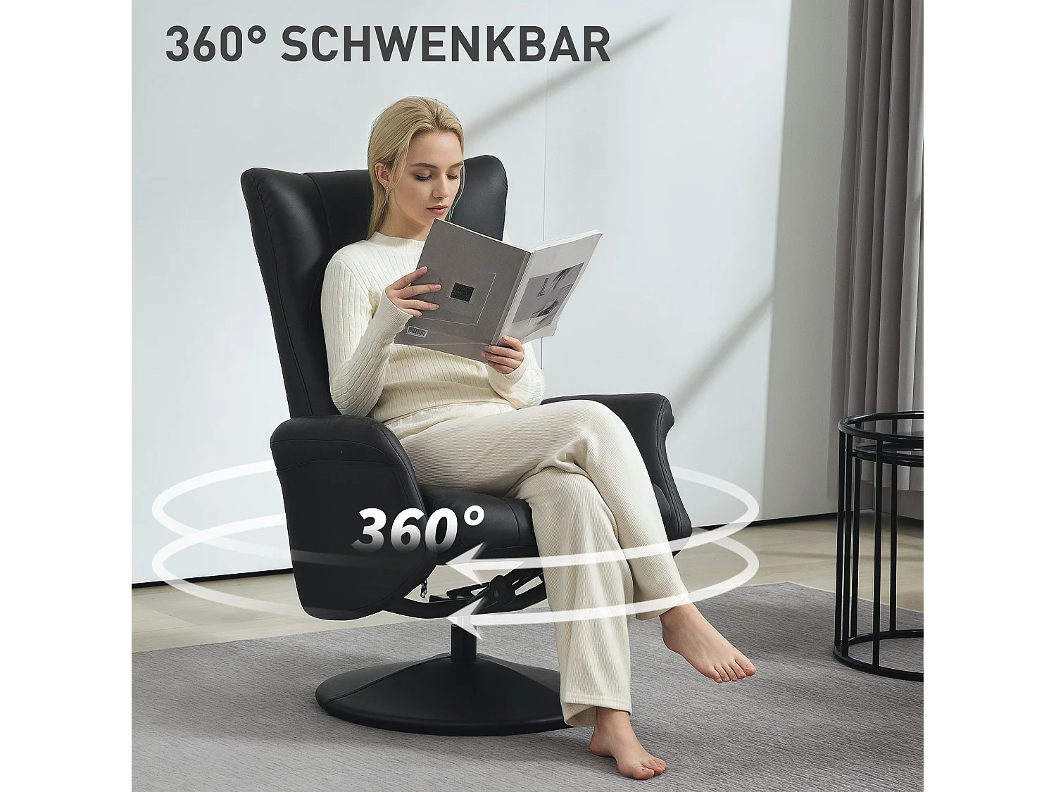 Fauteuil relax avec repose-pieds, 360° pivotant, fonction inclinable, cuir artificiel noir (79x70x105 cm)