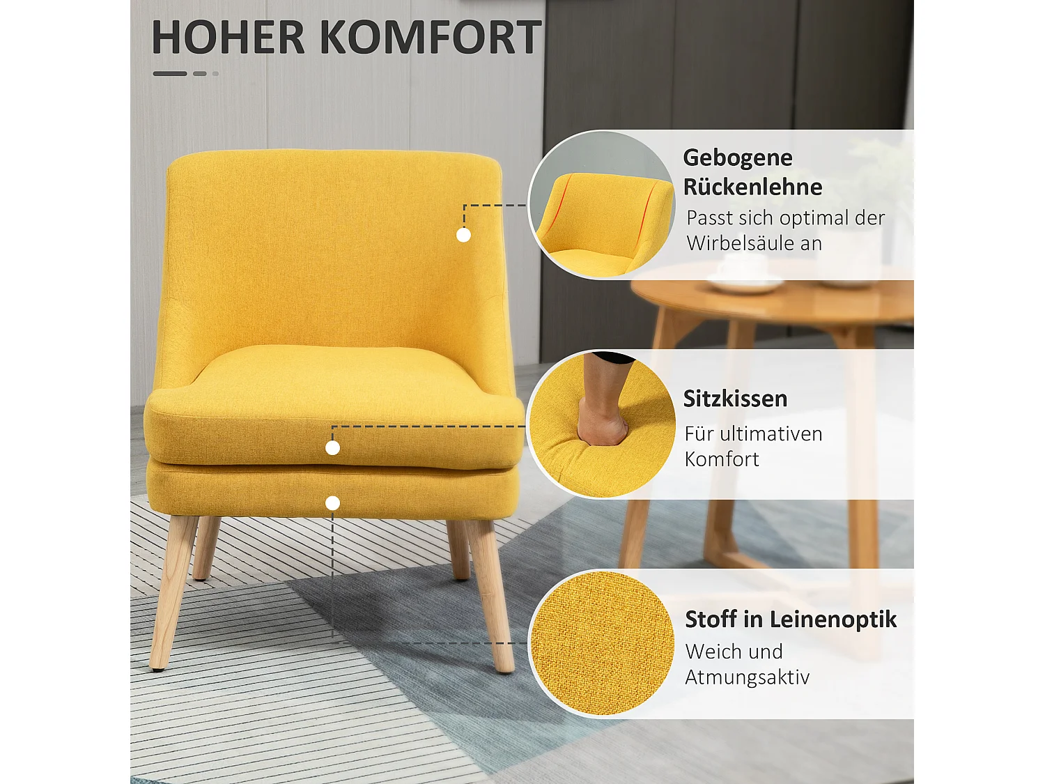 Eetkamerstoel met armleuningen, linnen bekleding, gele houten poten (63x69x79,5cm)