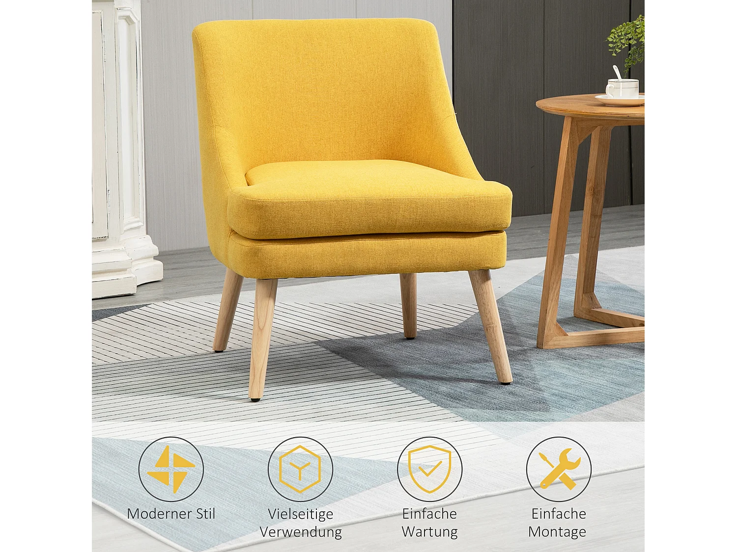 Eetkamerstoel met armleuningen, linnen bekleding, gele houten poten (63x69x79,5cm)