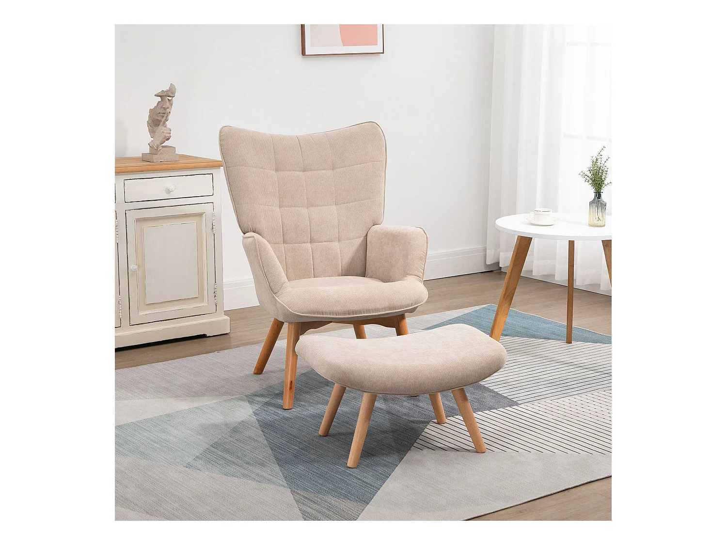 Fauteuil relax avec repose-pieds, design tufté, en corduroy, beige (72x80x101 cm)