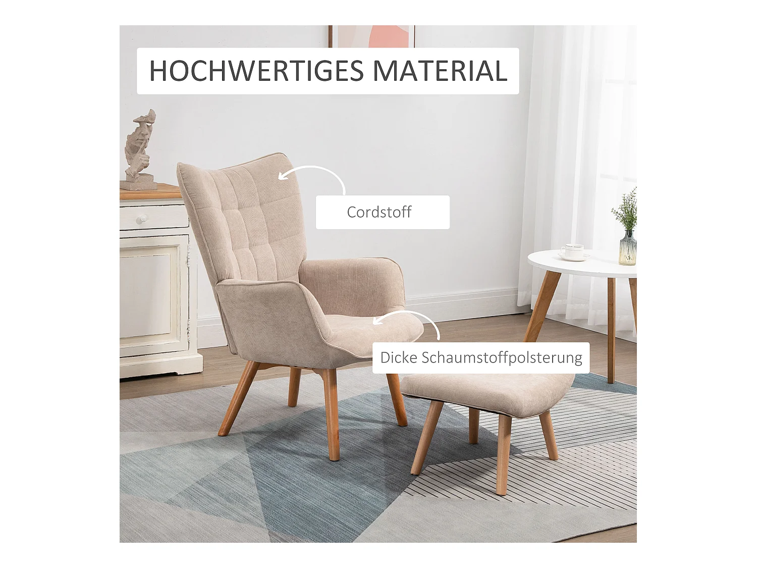 Fauteuil relax avec repose-pieds, design tufté, en corduroy, beige (72x80x101 cm)