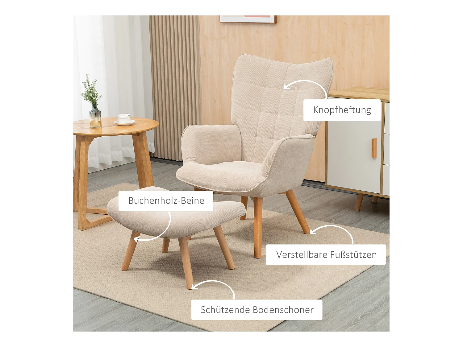 Fauteuil relax avec repose-pieds, design tufté, en corduroy, beige (72x80x101 cm)