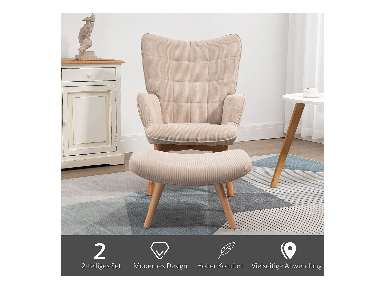Fauteuil relax avec repose-pieds, design tufté, en corduroy, beige (72x80x101 cm)