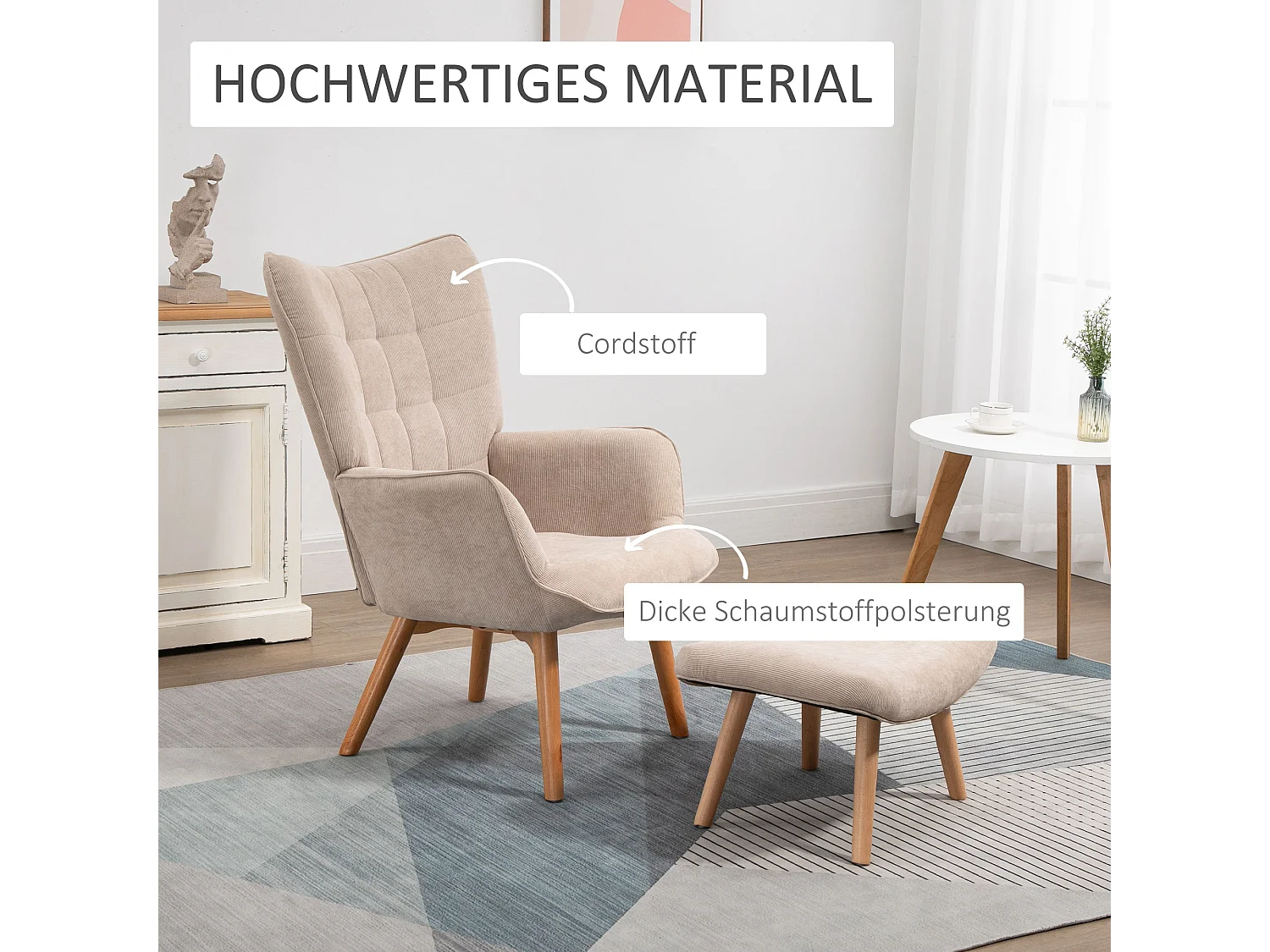 Fauteuil relax avec repose-pieds, design tufté, en corduroy, beige (72x80x101 cm)