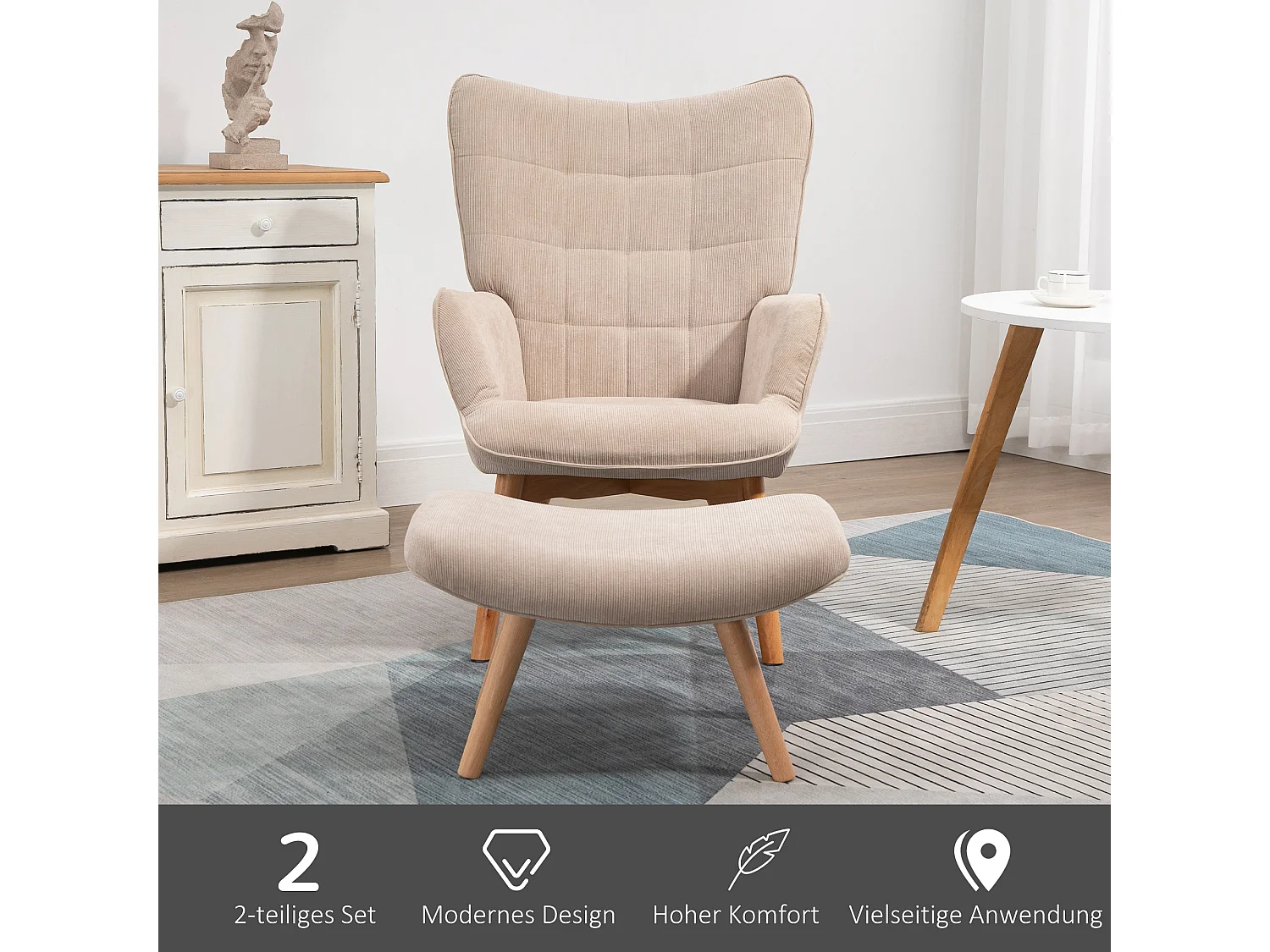 Fauteuil relax avec repose-pieds, design tufté, en corduroy, beige (72x80x101 cm)