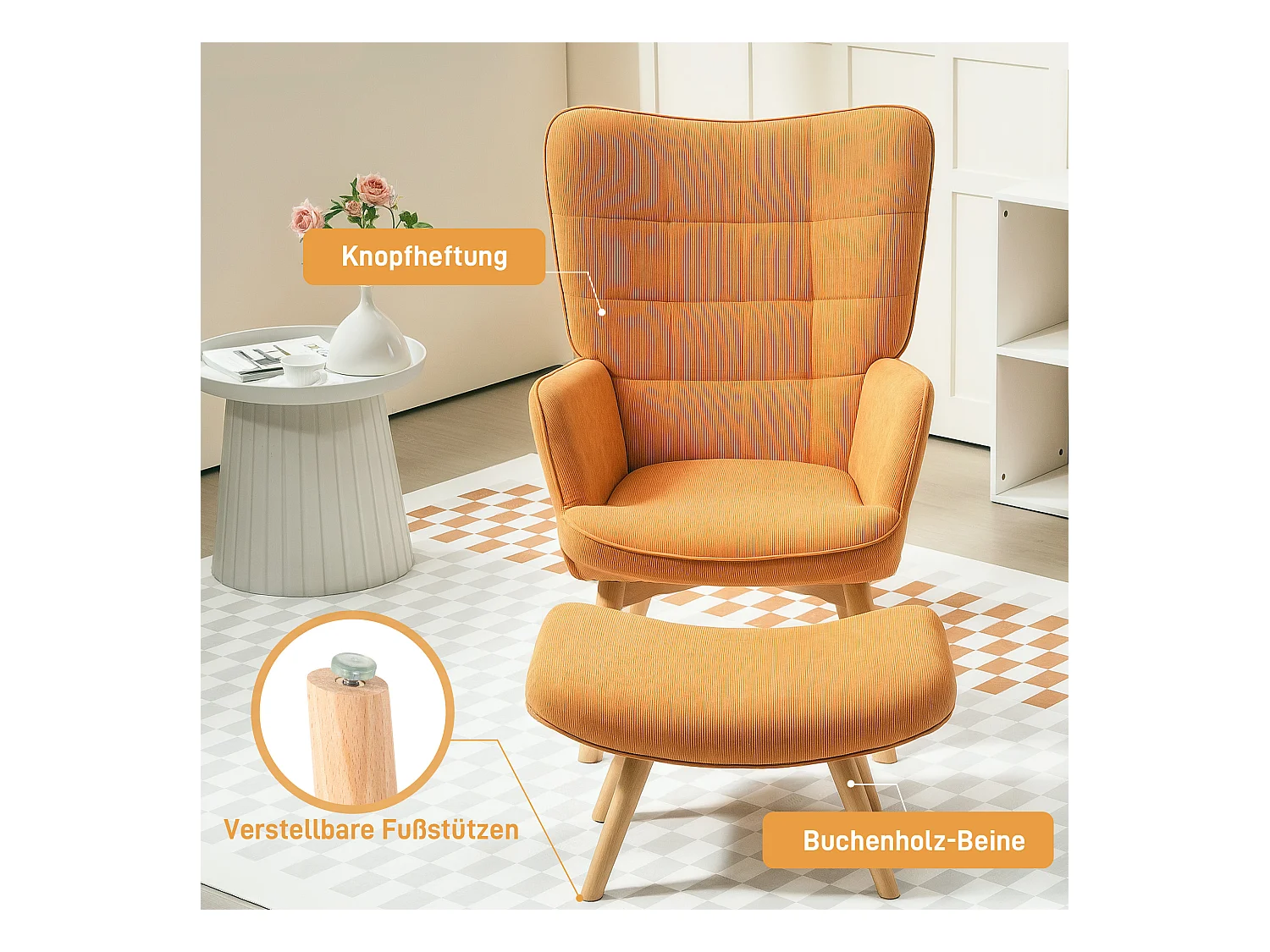 Fauteuil avec repose-pieds, Design avec dossier haut, Tissu velours, Bois, Marron (72x80x101 cm)