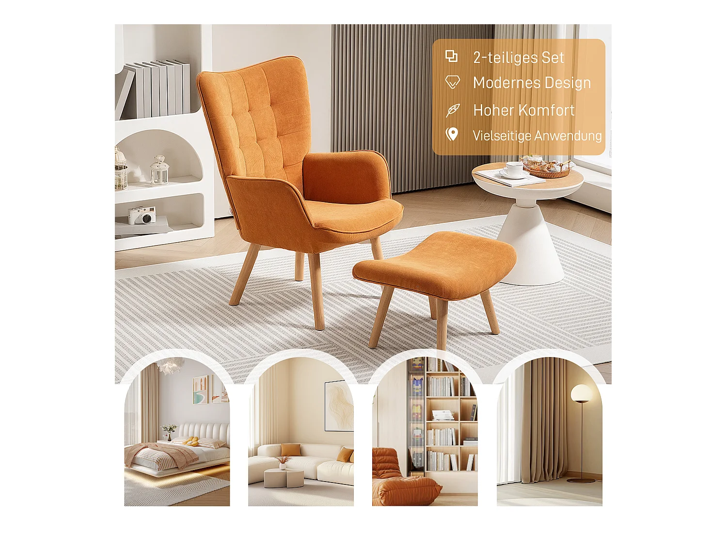 Fauteuil avec repose-pieds, Design avec dossier haut, Tissu velours, Bois, Marron (72x80x101 cm)