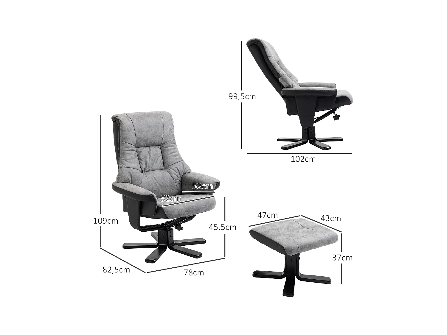 Draaifauteuil met voetenbankje, relaxfunctie, grijze microvezel (78x82,5x109 cm)