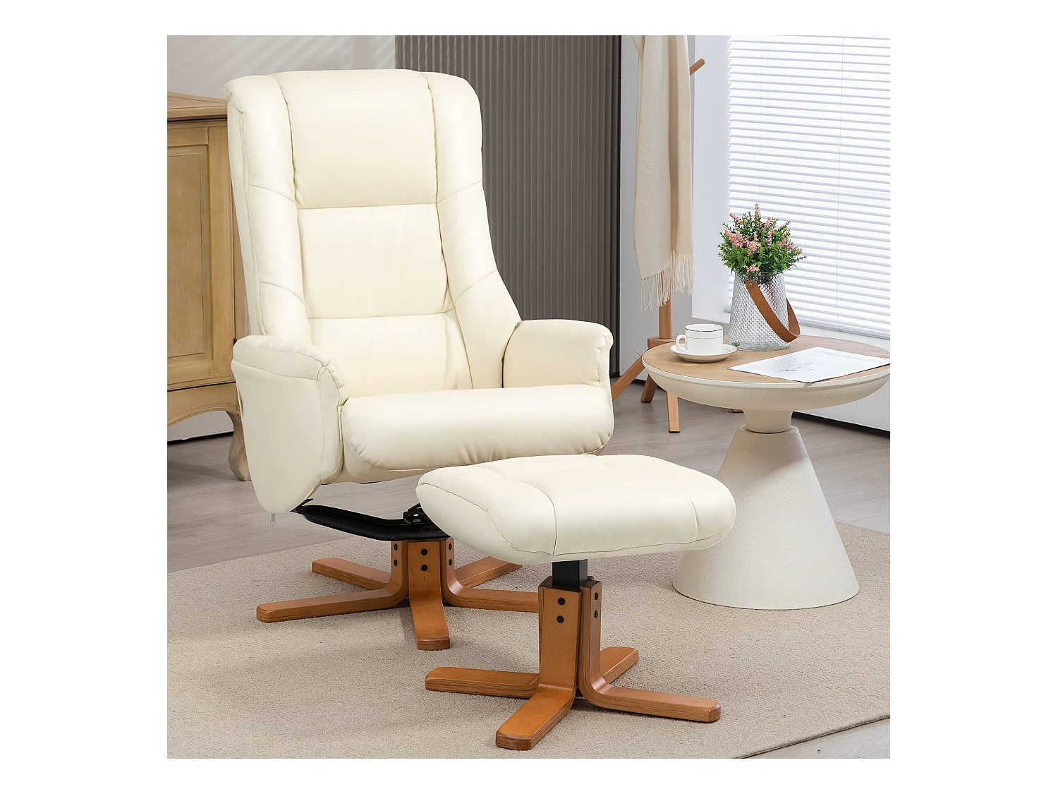 Fauteuil relax avec ottoman, fonction inclinable et bascule, en bois, blanc crème (71x84x102 cm)