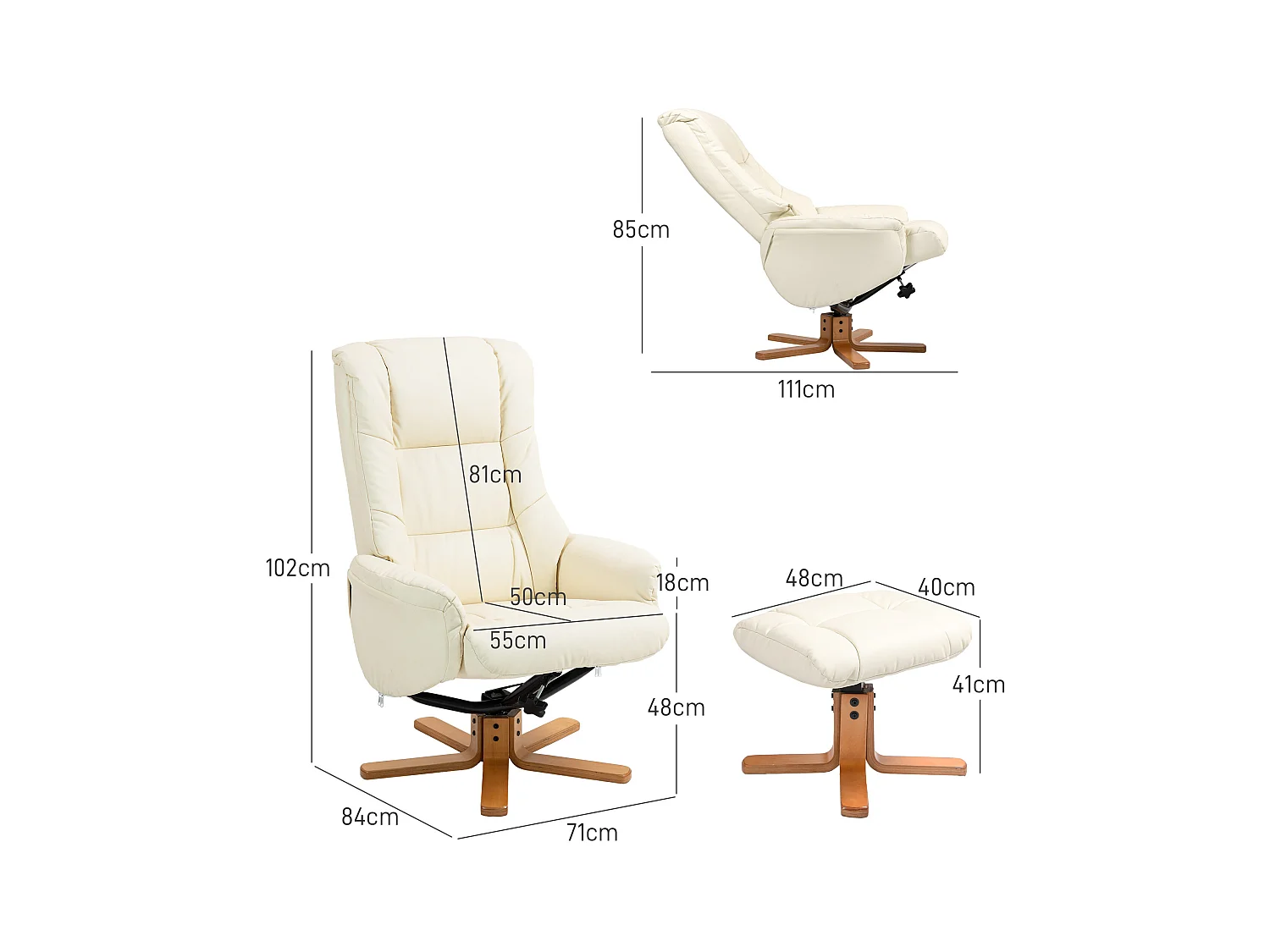 Fauteuil relax avec ottoman, fonction inclinable et bascule, en bois, blanc crème (71x84x102 cm)