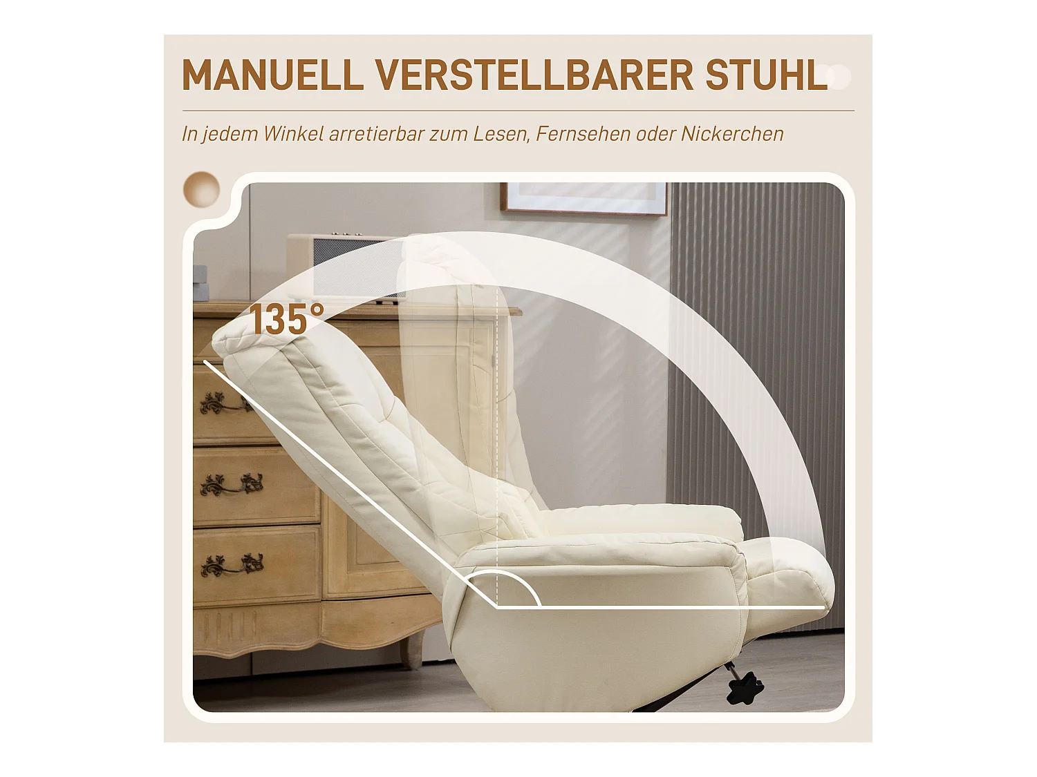 Fauteuil relax avec ottoman, fonction inclinable et bascule, en bois, blanc crème (71x84x102 cm)