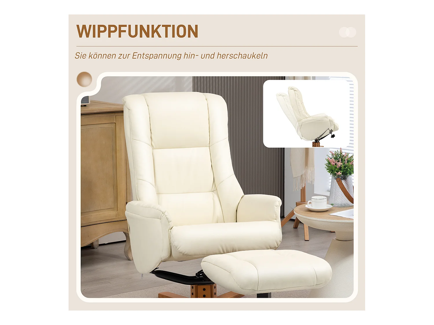Fauteuil relax avec ottoman, fonction inclinable et bascule, en bois, blanc crème (71x84x102 cm)