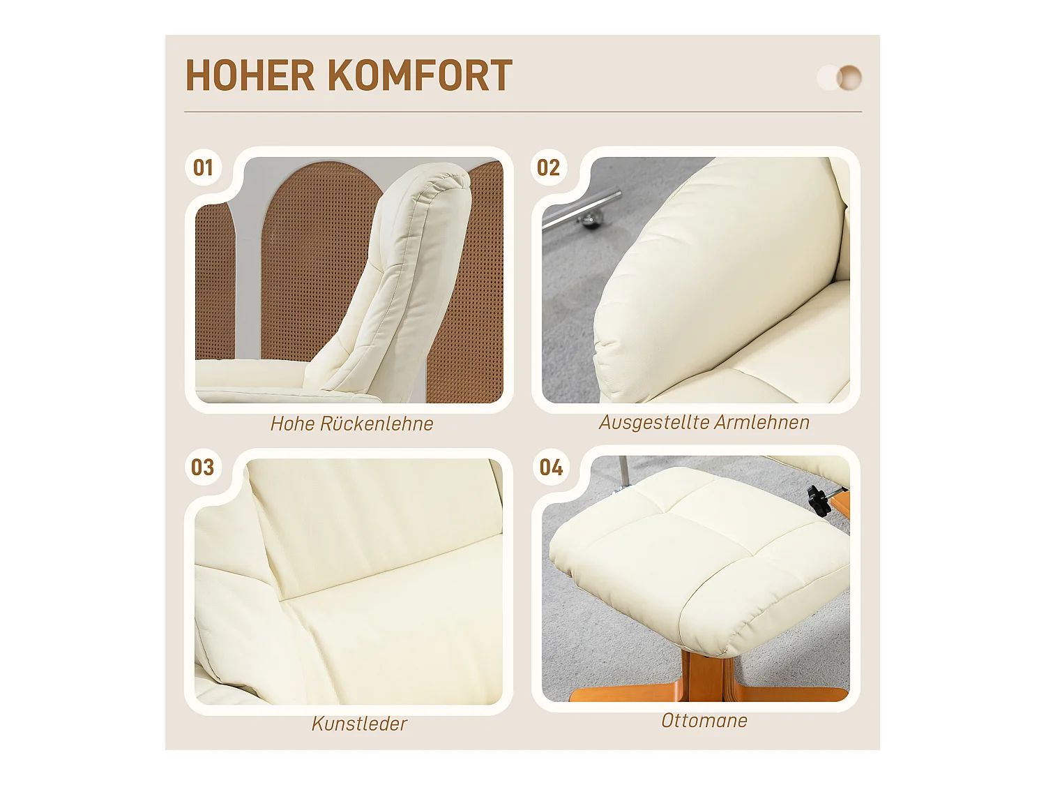 Fauteuil relax avec ottoman, fonction inclinable et bascule, en bois, blanc crème (71x84x102 cm)