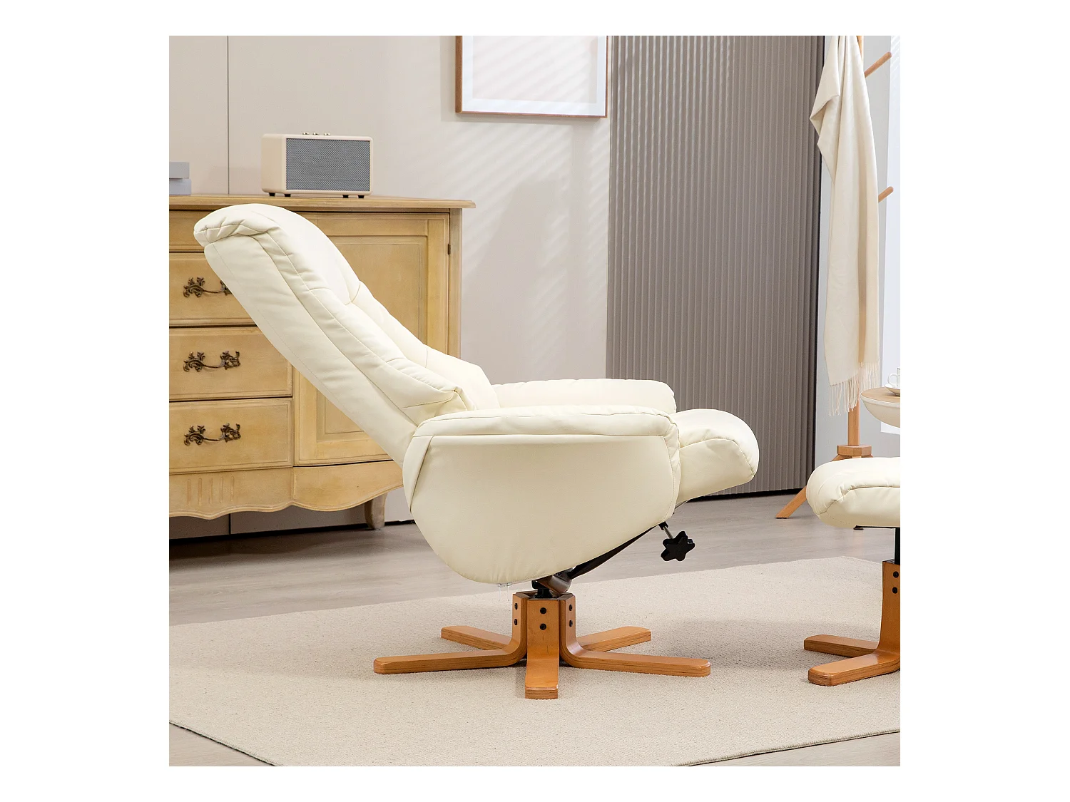 Fauteuil relax avec ottoman, fonction inclinable et bascule, en bois, blanc crème (71x84x102 cm)
