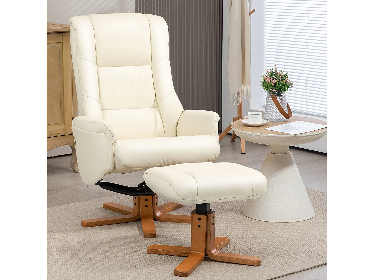 Fauteuil relax avec ottoman, fonction inclinable et bascule, en bois, blanc crème (71x84x102 cm)