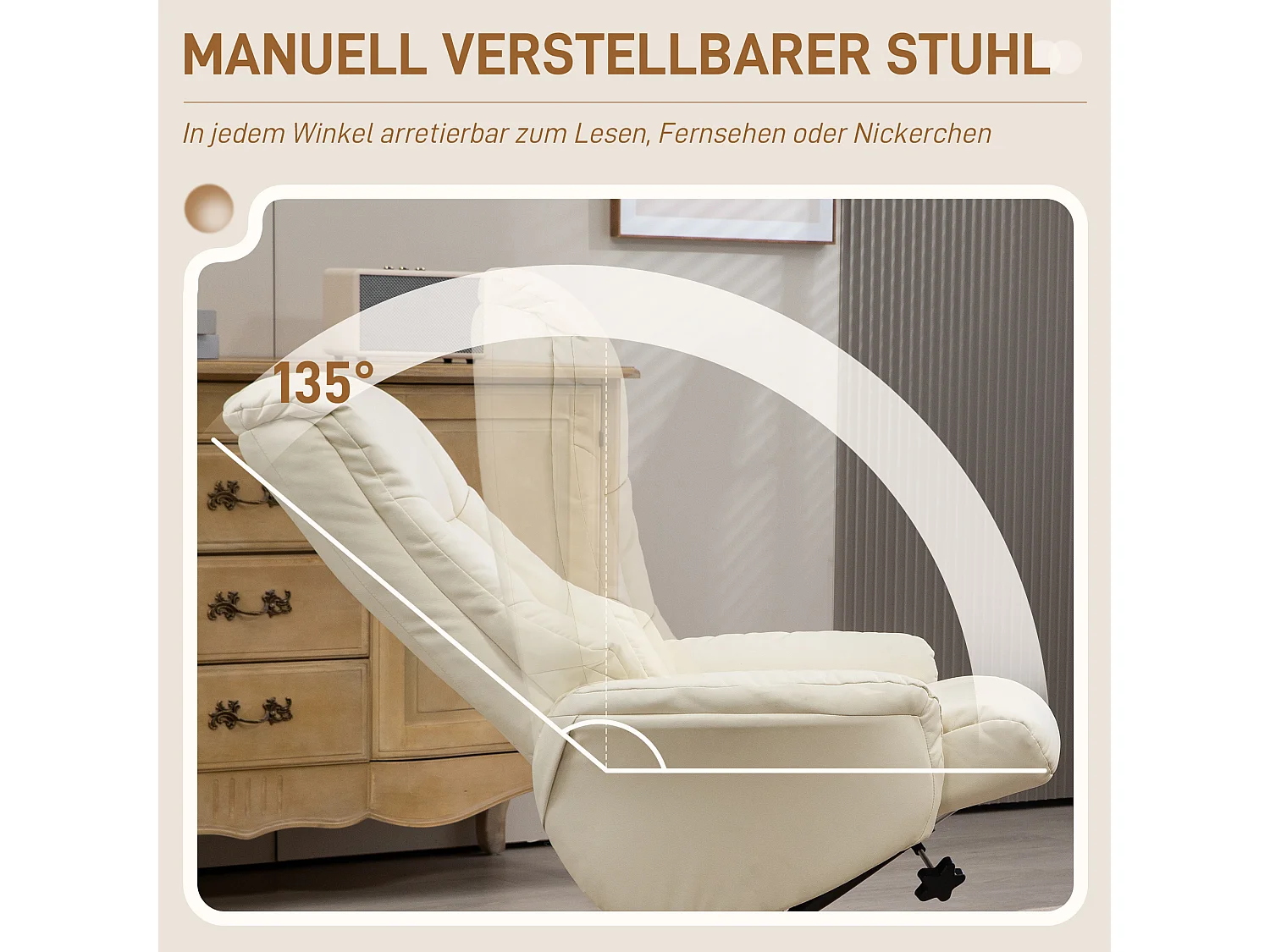 Fauteuil relax avec ottoman, fonction inclinable et bascule, en bois, blanc crème (71x84x102 cm)