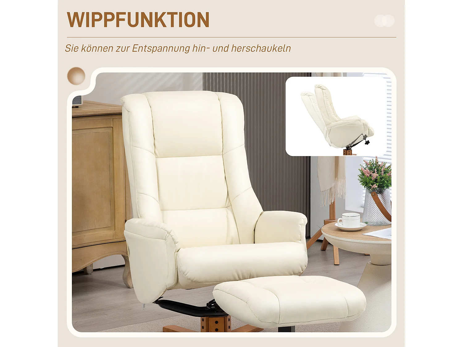 Fauteuil relax avec ottoman, fonction inclinable et bascule, en bois, blanc crème (71x84x102 cm)