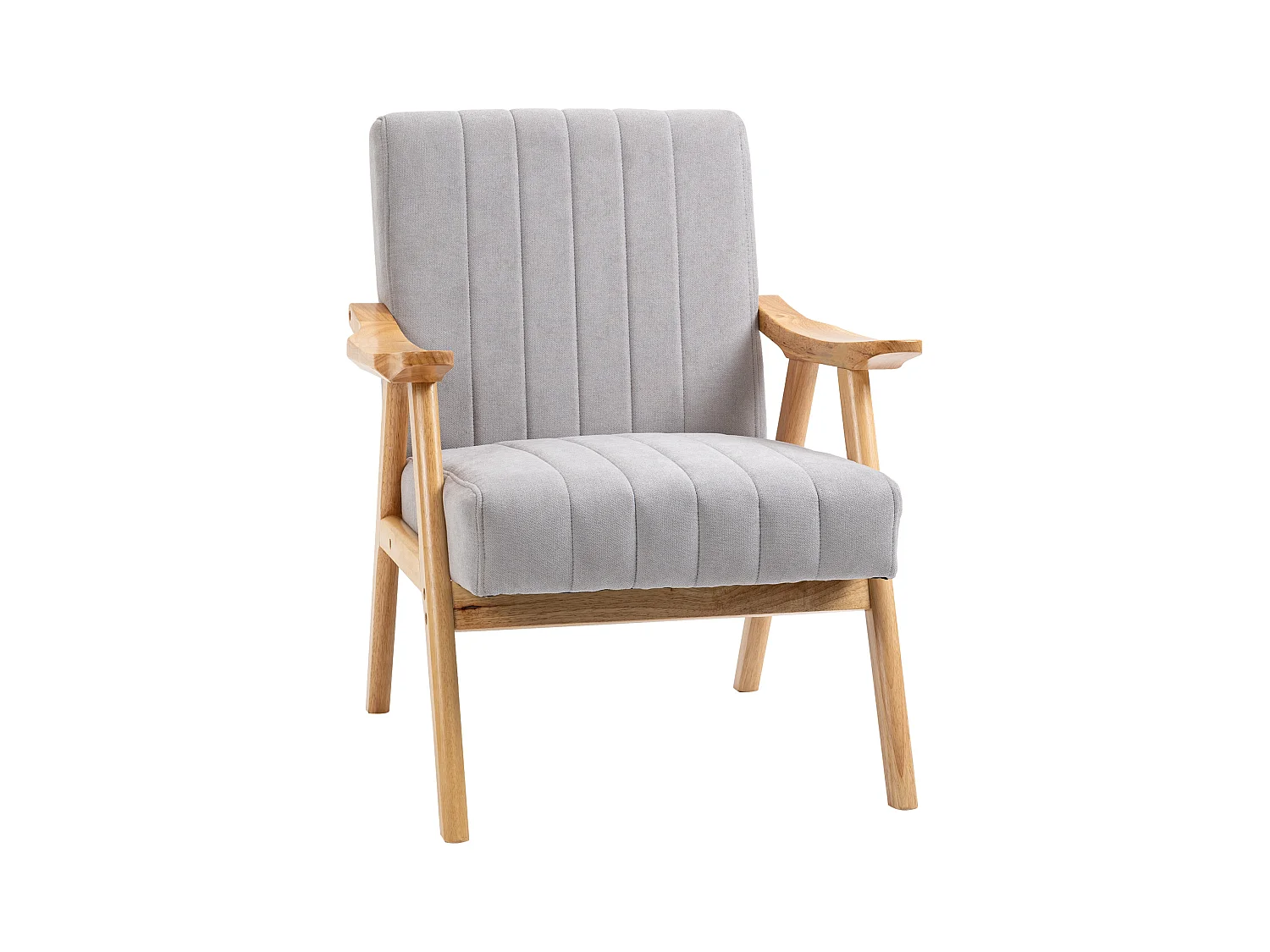 Fauteuil relax avec accoudoirs, design scandinave, bois de caoutchouc, microfibre, gris clair (68x74x82 cm)