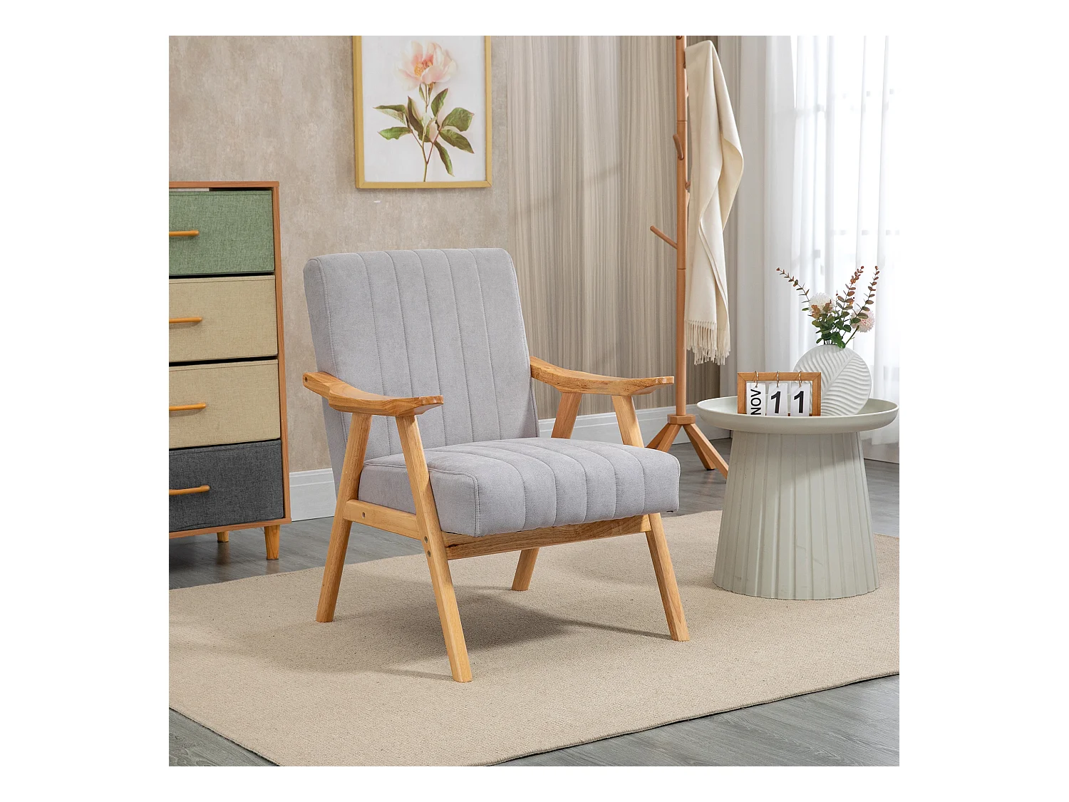 Fauteuil relax avec accoudoirs, design scandinave, bois de caoutchouc, microfibre, gris clair (68x74x82 cm)