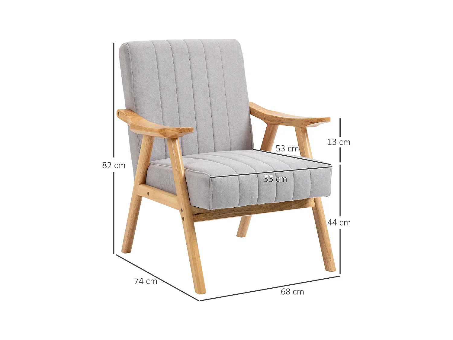 Fauteuil relax avec accoudoirs, design scandinave, bois de caoutchouc, microfibre, gris clair (68x74x82 cm)