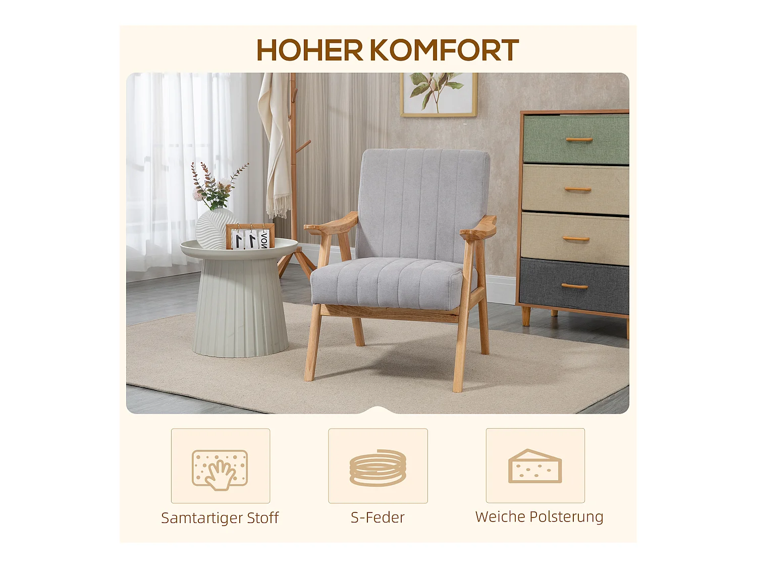 Fauteuil relax avec accoudoirs, design scandinave, bois de caoutchouc, microfibre, gris clair (68x74x82 cm)